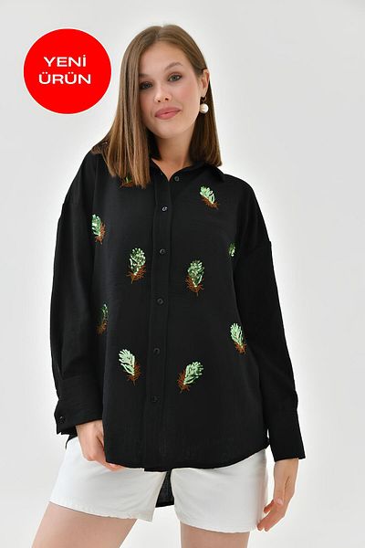 Perryes Cămașă evazată din bumbac brodat cu paiete și broderie cu model de frunze pentru femei