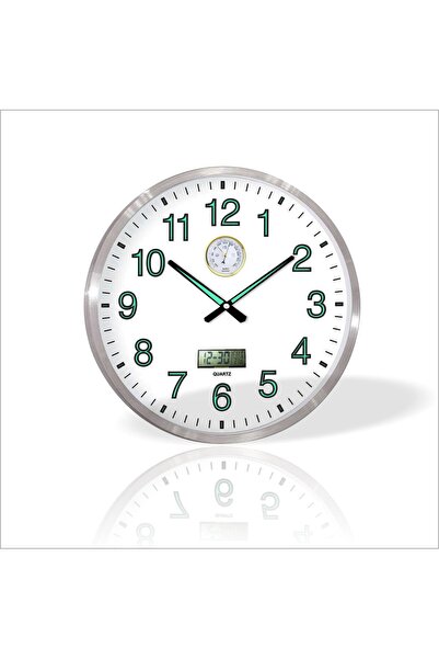 M3DECORİUM Oda İçin Büyük 60cm Hassas Basınç Ölçer Isı Ölçer Termometreli Tarih Göstergeli Fosforlu Duvar Saati