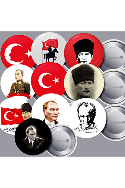 DeBu Tasarım 10 Farklı Çeşit 10 Adet Atatürk ve Türk Bayrağı Karışık İğneli Y...