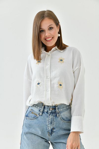 Perryes Women's Eye Pattern Sequin Sequin and Embroidery Embroidered Cotton Flared Shirt Ecru