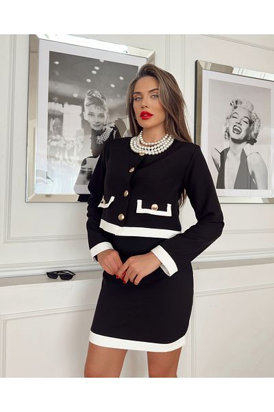 1Moda1Tarz Women's Black Atlas Fabric Button and Necklace Accessory Skirted Design Bottom-Top Set