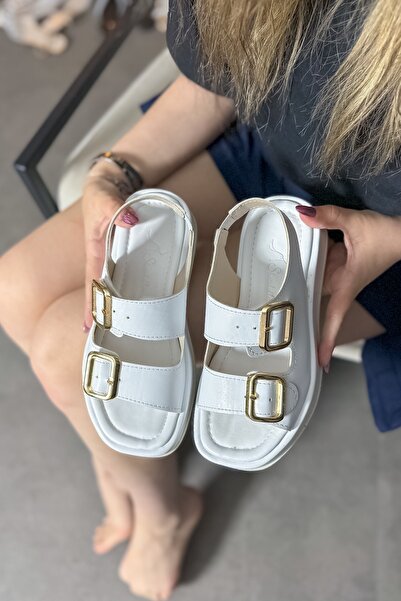 SHOEBELLAS Lope Beyaz Çift Tokalı Kadın Sandalet