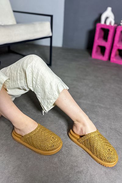 SHOEBELLAS Tamar Tan Straw Knit Detailed Women's Slippers
