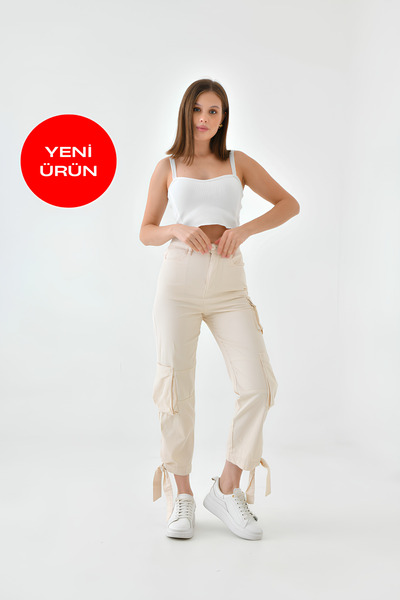 Perryes Women's Cargo Pocket Lace-Up Gabardine Trousers Ecru