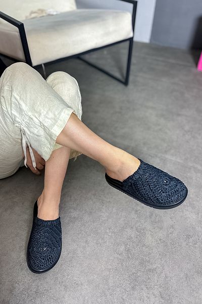 SHOEBELLAS Papuci de damă Tamar, tricot cu paie negre, cu detalii