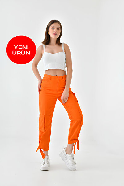 Perryes Pantaloni portocalii din gabardină pentru femei - cu buzunare cargo ș...