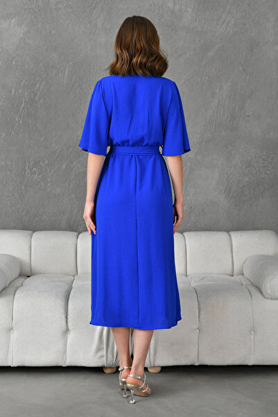 vuvutasarım Aerobin υφασμάτινο ζωσμένο πλαϊνό σκίσιμο Λεπτομερής ζώνη Midi Μήκος 130 cm Διπλό γιακά Saks Μπλε Φόρεμα 097