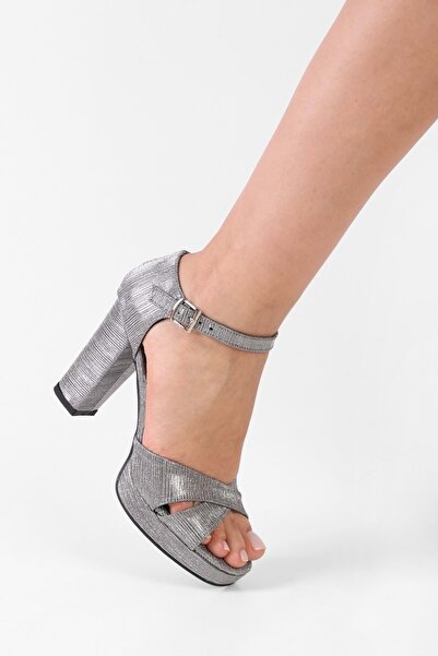 Shoeberry Kadın Giselle Platin Simli Platform Topuklu Ayakkabı
