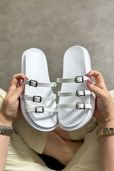 SHOEBELLAS Papuci de damă Esp alb cu trei dungi