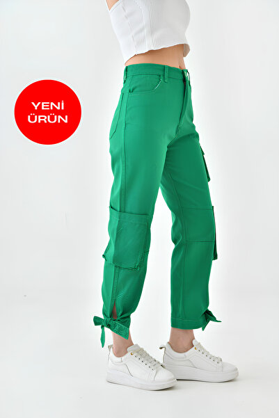 Perryes Pantaloni din gabardină cu buzunare cargo pentru damă, verzi