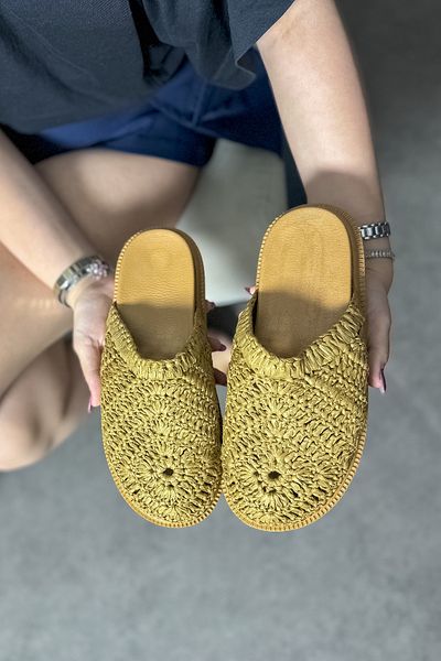 SHOEBELLAS Tamar Tan Straw Knit Detailed Women's Slippers
