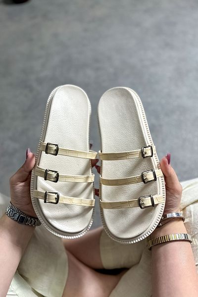 SHOEBELLAS Esp Beige Three-Striped Women's Slippers