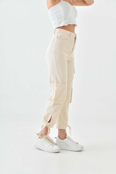 Perryes Women's Cargo Pocket Lace-Up Gabardine Trousers Ecru