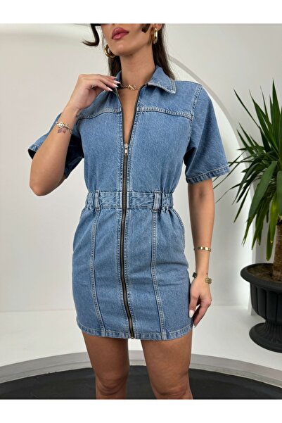 Elif Özbey Butik Rochie din denim cu fermoar în față cu talie elastică