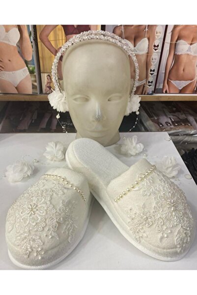 BirolGaye Lohusa Küpeli Çift Taçlı Ekru Fransız Dantel Terlik Taç Takımı