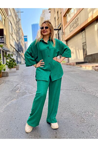 MAABMODA Women's Green Cotton Linen Shirt Pants Double Set
