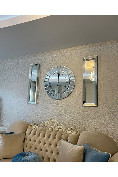 QUAL 3’lü Gümüş Çizgi Saat ve 25*90 cm Aynalar Seti