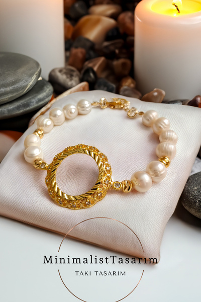MinimalistTasarım Yarım Altın Takılan Gerçek Inci Bileklik Yarım Altın Çerçeve Bileklik, Anneler Günü Inci Bileklik