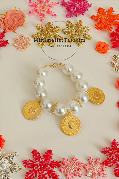 MinimalistTasarım Çeyrek altın bileklik, Çeyrekli altın bileklik, İncili çeyr...