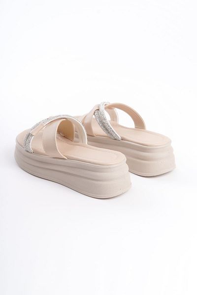 Joy Woman MILA Flat Heeled Stoned Cross Striped Thick and Orthopedic Sole Women's Slippers KT Cream