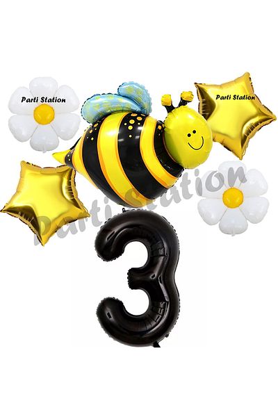 Parti Station Bee Bee and Daisy Concept 3 Years Old Balloon Set Bee Balloon and Black Figure Balloon Birthday Balloon Set