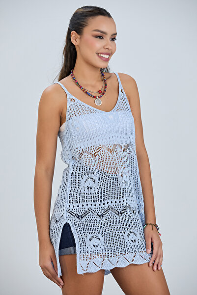 hanope Γυναικείο λουράκι με ανοιχτό κέντημα με σχισμή λεπτομέρεια Καλοκαιρινό πλεκτό φυσικό μωρό μπλε φόρεμα