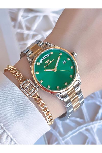 FERRO Gold/Silver Color with Calendar Non-Tarnish Color-Tossing 3 Atm Special Design Women's Wristwatch EFL21439D6