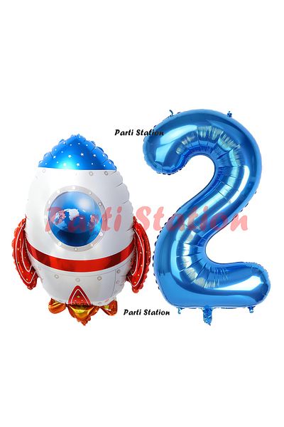 Parti Station Rocket Space Astronaut Concept 2 Years Old Balloon Set Space Rocket and Navy Blue Number Balloon Birthday Balloon Set