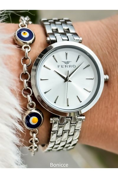 FERRO Women's Wristwatch - Silver Color, Steel Cord, Evil Eye Beaded Bracelet