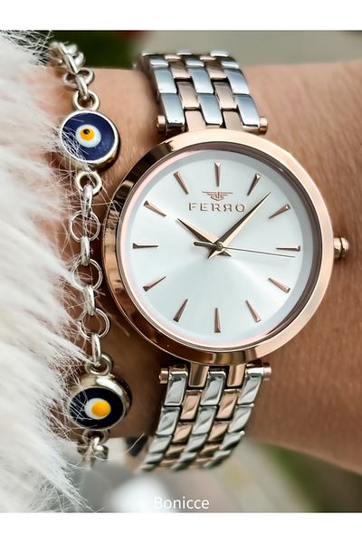 FERRO Brand Sadekasa, Rose/silver Color, Steel Cord Wrist Watch Bracelet