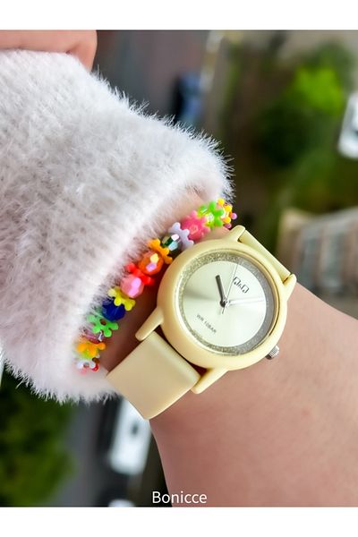 Q&Q Girl's Wristwatch and Bracelet Gift with Orange Glitter for 10 Bars Pool Sea Use