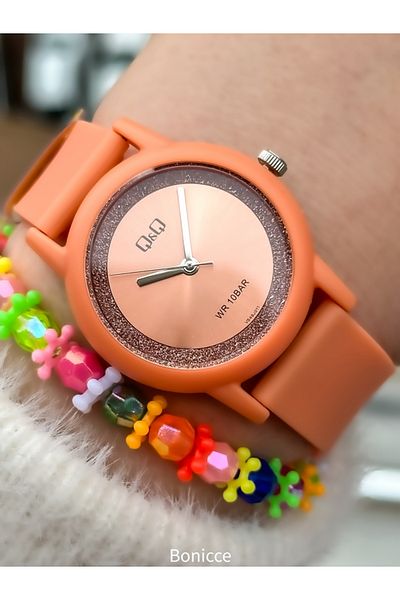 Q&Q Orange Glitter 10 Bar Wristwatch and Bracelet Gift for Girl - Pool and Sea Use