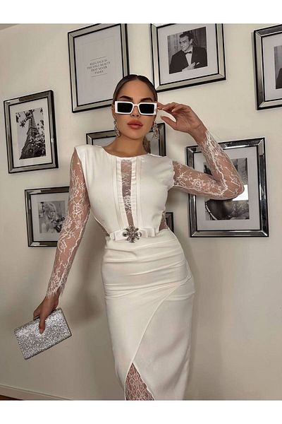 1Moda1Tarz Γυναικείο φόρεμα με λεπτομέρεια από ύφασμα από λευκό σατέν και δαντέλα από τούλι