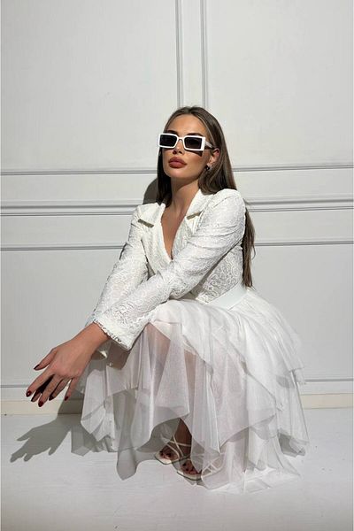 1Moda1Tarz Γυναικείο φόρεμα με λευκή δαντέλα και σατέν ύφασμα με ζώνη