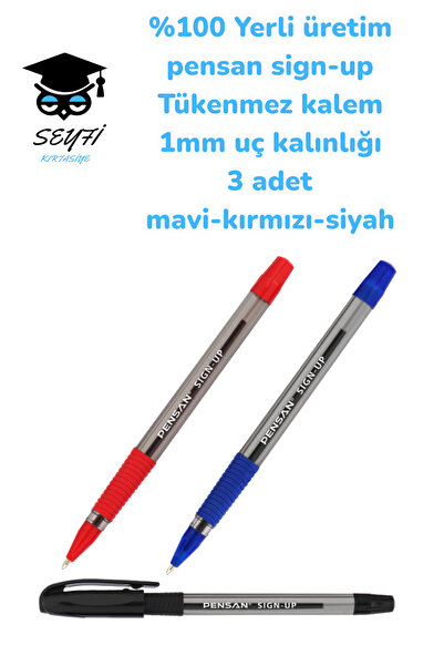 SEYFİKİRTASİYE قلم حبر جاف إنتاج محلي 100% بسمك 1 مم 3 قطع أزرق-أحمر-أسود