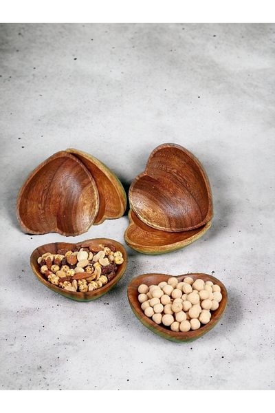 AHİR TİCARET Acacia-Wood-Bamboo Heart Snack Bowl and Sauce Bowl 6 Pieces