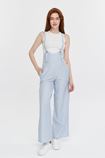 Primaro Önden Bağlamalı Halkalı Cepli Mavi Keten Tulum