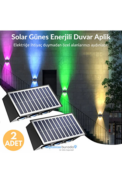 TechnoSmart 2Adet Güneş Enerjili Çift Taraflı 6 Ledli Aplik RGB Işık Duvar Lambası Bahçe Aydınlatma
