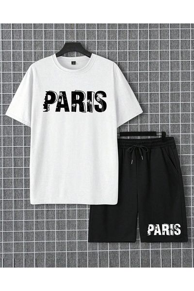 TRENDKOLİK Trendkolik - Paris Printed, Men's, New Season T-shirt and Shorts Set