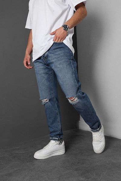 Slatra Men's Blue Knee Ripped Boyfriend Molded Jeans