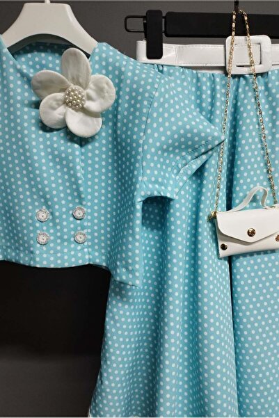 Riccotarz Costum cu fustă albastră detaliată cu buline pentru fată