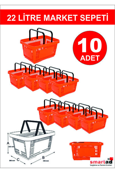 Modern Raf 22 Litre 10 Adet Market Sepeti, Alışveriş Sepeti, Saplı Market Sep...