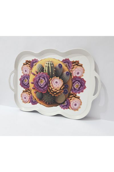 renkli çiçekler Tea Tray Oval Edged Rectangular Patterned Plastic Tea Tray 38x29 CM