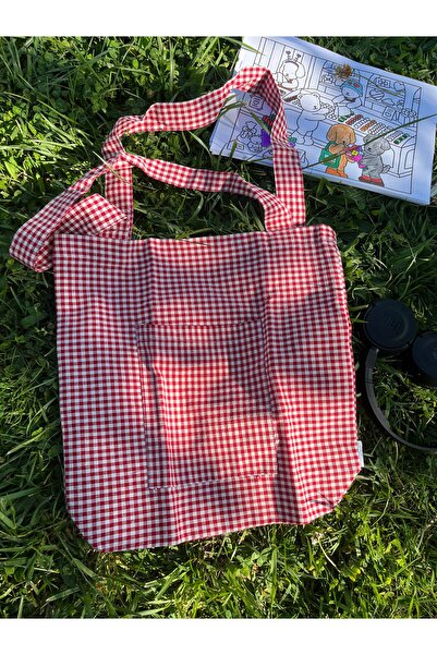 Sumicorn Design Kırmızı Pötikareli Çevre Dostu Bez Çanta,cepli Keten Kol Ve Omuz Çantası,unisex Alışveriş Çantası