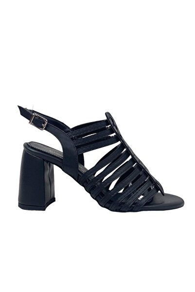 bescobel Women's Perta Black Skin Thick High Heel Shoes Sandals 9 cm 102