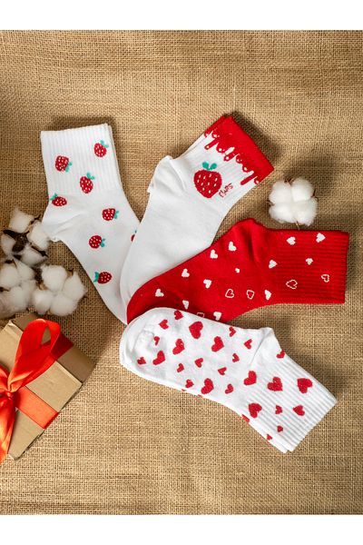 Mudizone 4 Pairs of College Strawberry Patterned Women's Socks