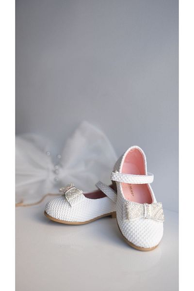 Pabrik Balerini cu velcro cu fundă albă pentru fetiță