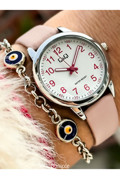 Q&Q Pink Leather Cord, Waterproof Numeral Women's Wristwatch with Evil Eye Beaded Bracelet Gift