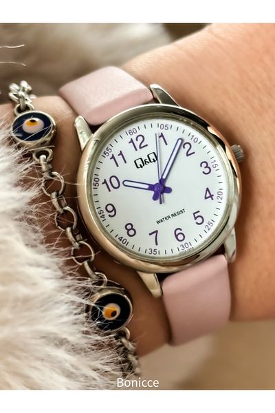 Q&Q Pink Leather Cord, Waterproof Numeral Women's Wristwatch with Evil Eye Beaded Bracelet Gift