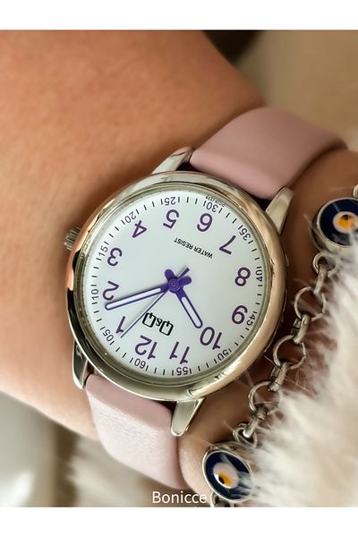 Q&Q Pink Leather Cord, Waterproof Numeral Women's Wristwatch with Evil Eye Beaded Bracelet Gift